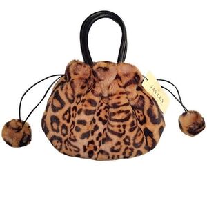 Jayley Collection Leopard Print Faux Fur Drawstring Bag w/ Pom-pom Tassels, NWT